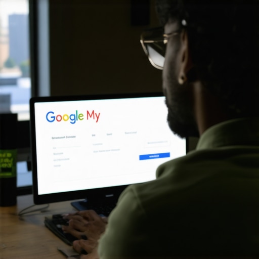 Spokane Business Owner Optimizing GMB Profile Business owner working on Google My Business profile with Spokane cityscape