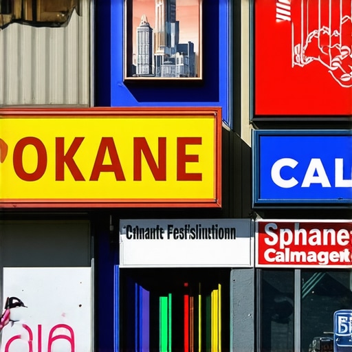 Spokane Cityscape with Local Business Signage Spokane cityscape featuring local business signage in vibrant colors