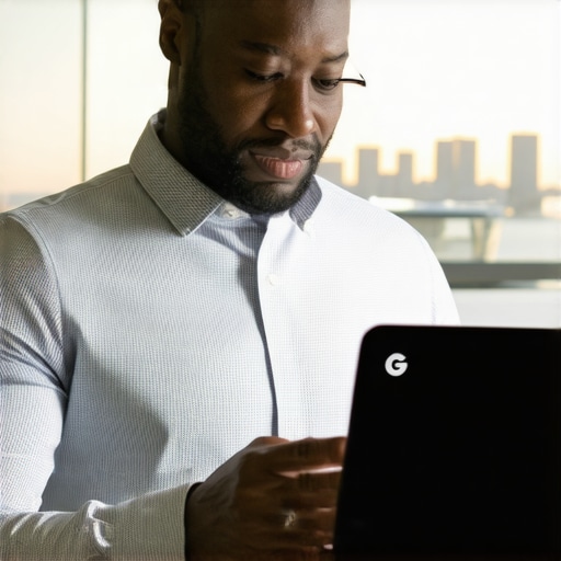 Washington Business Owner Optimizing GMB Business owner optimizing GMB profile with Washington landmarks in background