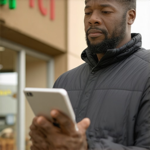 Spokane business owner replying to reviews on a tablet outside their storefront.