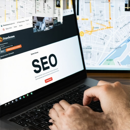 Person using SEO tools on laptop with Spokane city map background