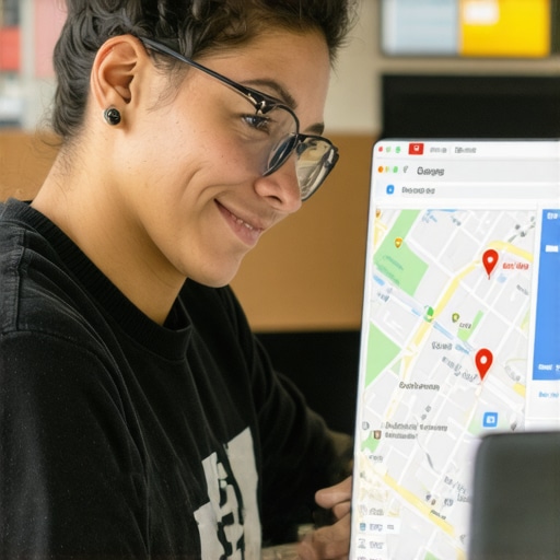 Business owner updating Google My Business profile on laptop with Spokane map in background
