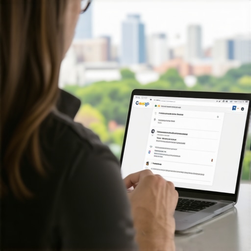 Spokane Business Owner Optimizing GMB Profile Spokane business owner working on Google My Business profile on a laptop with cityscape background.