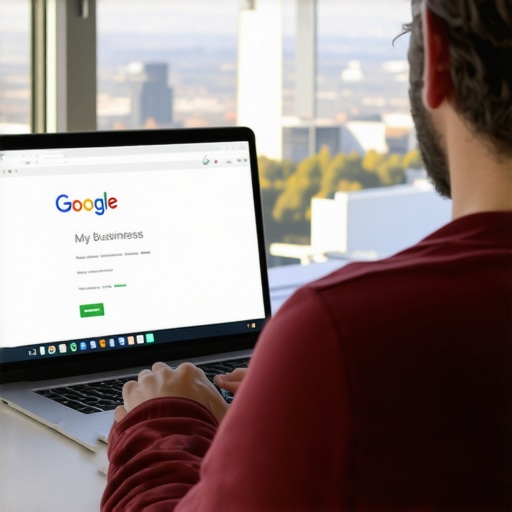 Person editing Google My Business profile on a laptop with Spokane skyline.