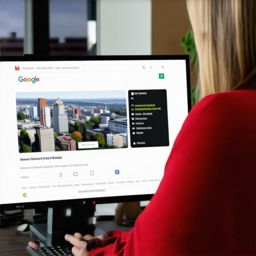 Business owner editing Google My Business profile on a laptop with Spokane skyline behind