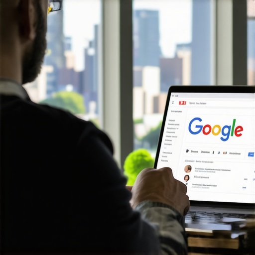 SE0 specialist analyzing GMB profile with Spokane cityscape in background.