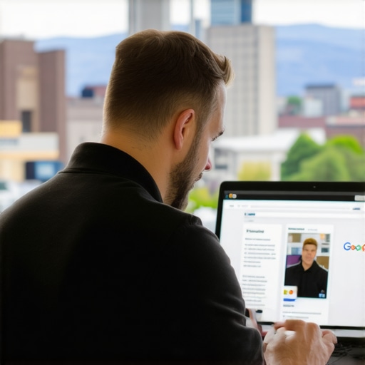 Business owner editing Google My Business profile on laptop with Spokane landmarks