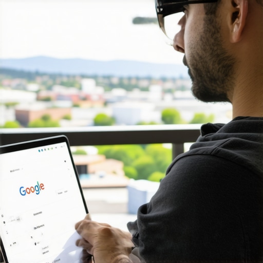 Optimizing GMB Profile in Spokane Business owner editing Google My Business profile with Spokane skyline