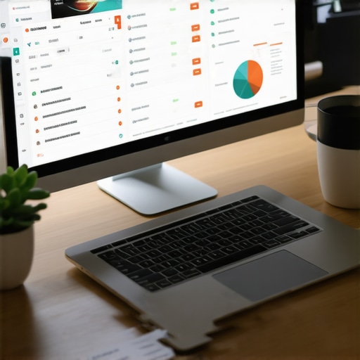 A workspace with SEO monitoring tools like Google Analytics and SEMrush dashboards open on a laptop.