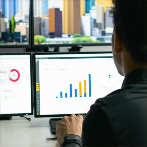 A person reviewing SEO analytics on multiple monitors with Spokane landmarks in the background.
