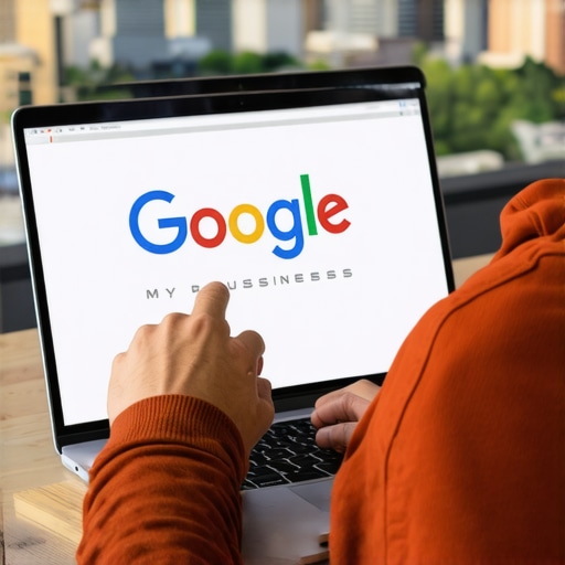 Person verifying Google My Business profile on laptop with Spokane cityscape