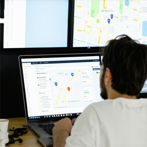 A digital marketer reviewing local SEO analytics on multiple computer screens showing Spokane maps and data charts.