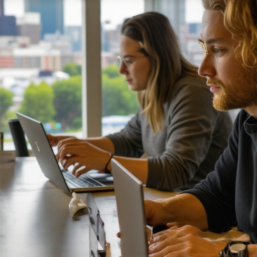 Team analyzing Spokane SEO rankings and strategies in an office with cityscape view