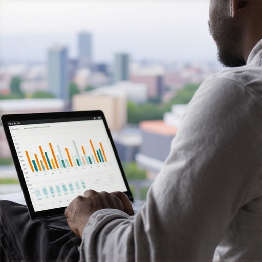 Person analyzing local SEO data on a laptop with Spokane skyline