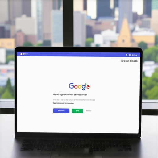 Person updating Spokane GMB listing on laptop with cityscape background